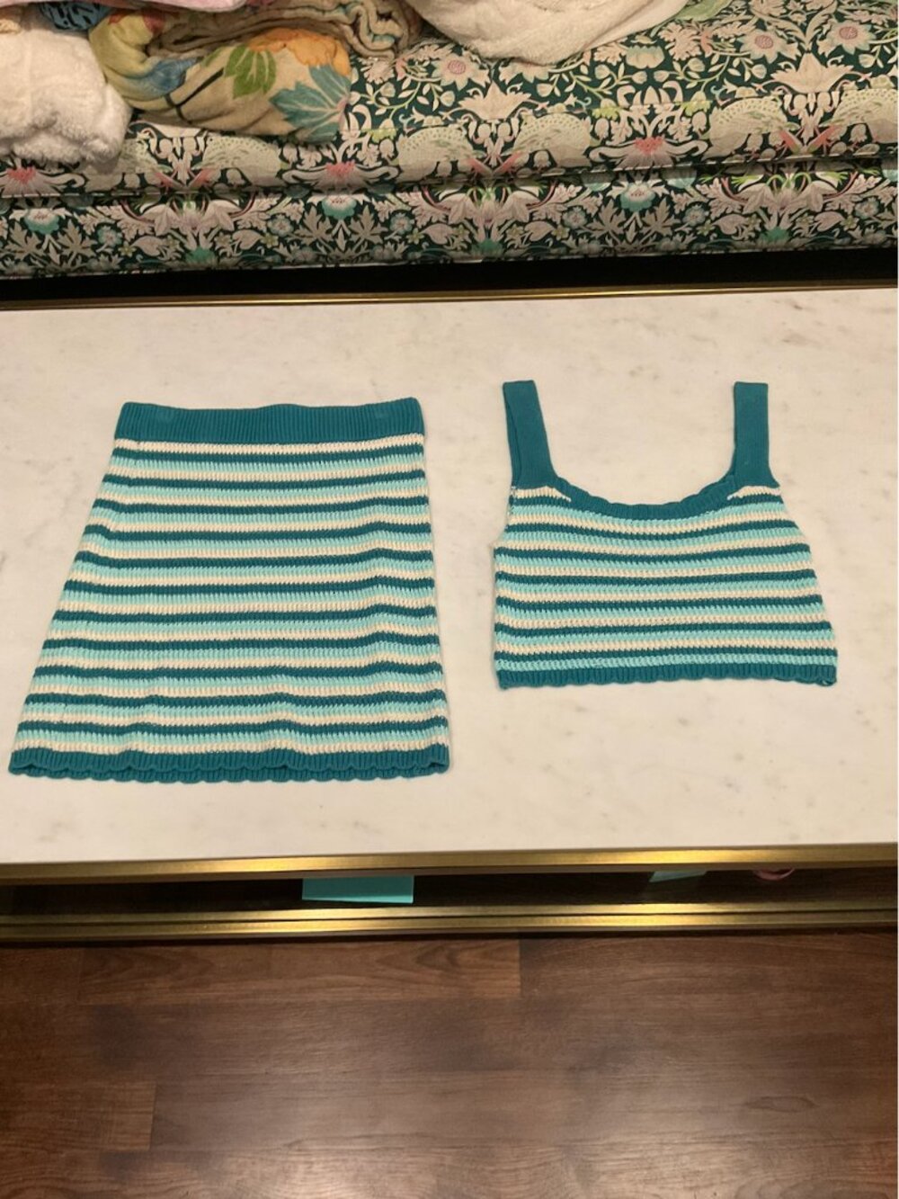 Wild Fable Teal & Cream Striped Knit Tank & Mini Skirt Set